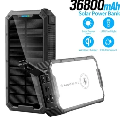PSOOO 36.800mAh Solar Powerbank Fast Qi Wireless Charger met Zaklamp