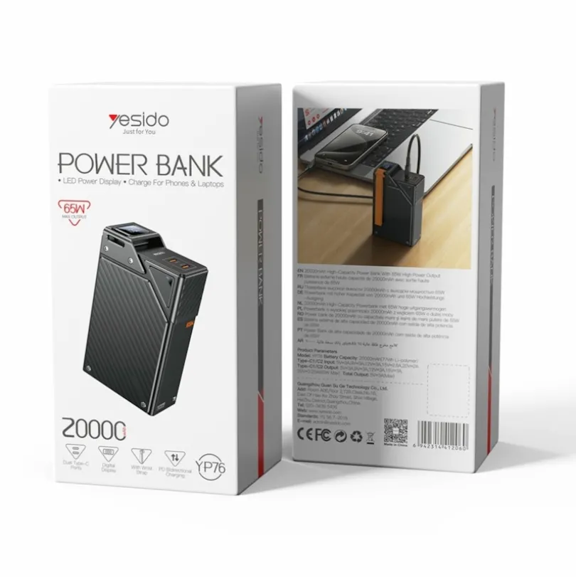 Yesido 20.000mAh 65W Fast Charging Portable Powerbank